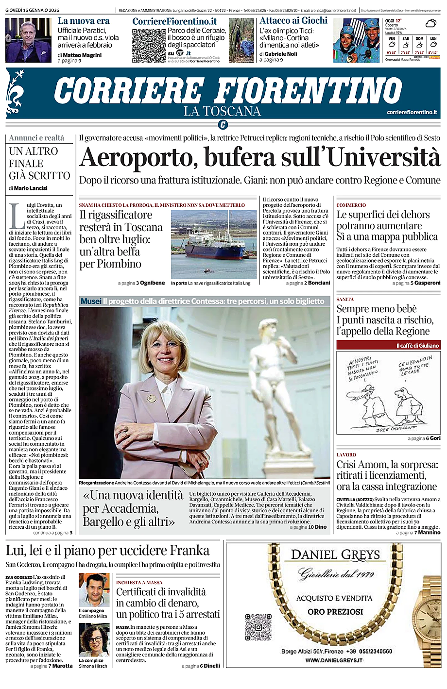 Prima pagina Corriere Fiorentino di oggi - Edicola 15 Gennaio 2026