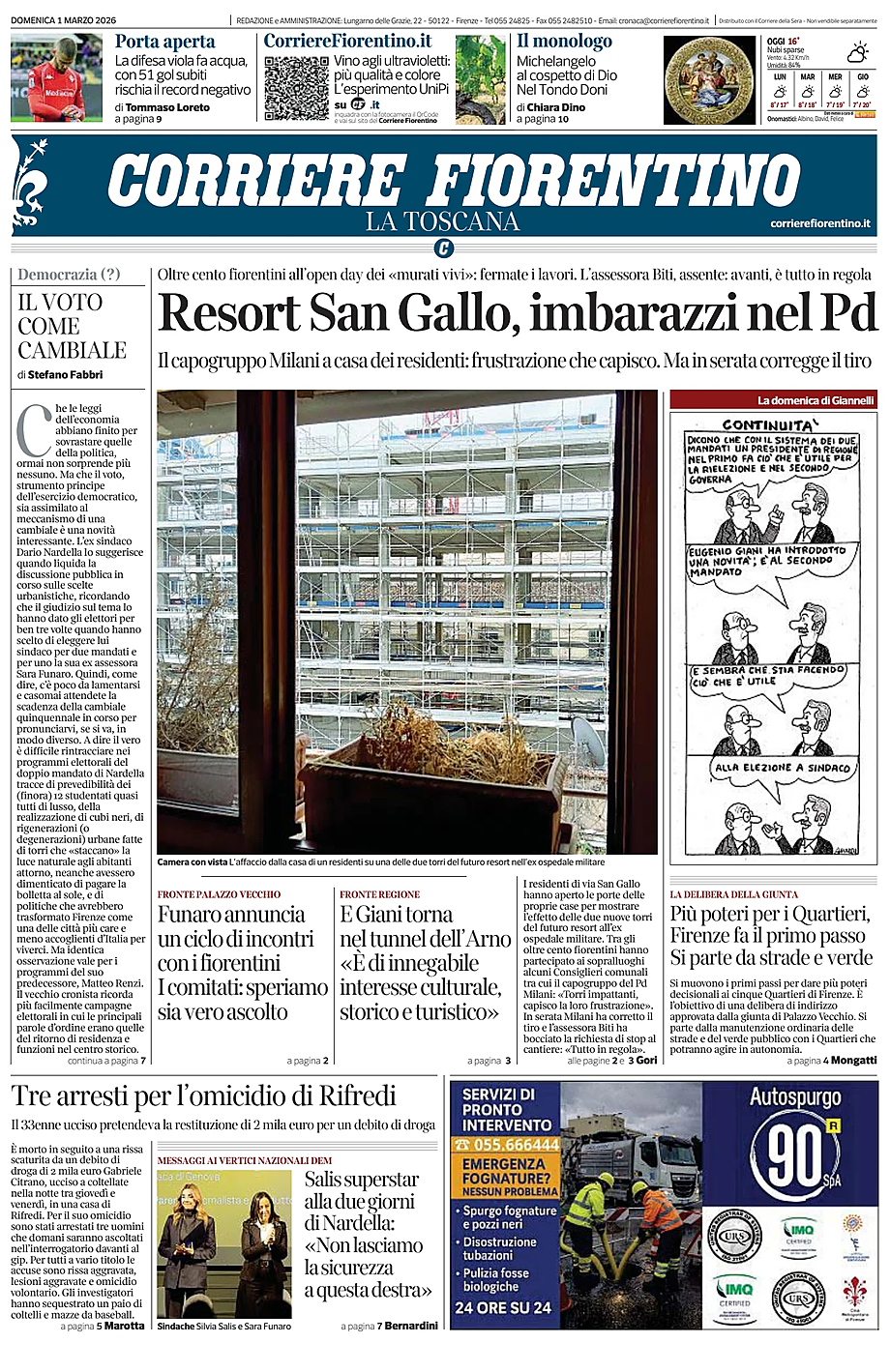 Prima pagina Corriere Fiorentino di oggi - Edicola 1 Marzo 2026