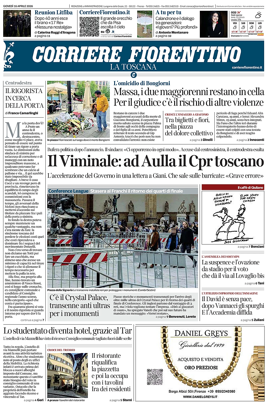 Prima pagina Corriere Fiorentino di oggi - Edicola 16 Aprile 2026