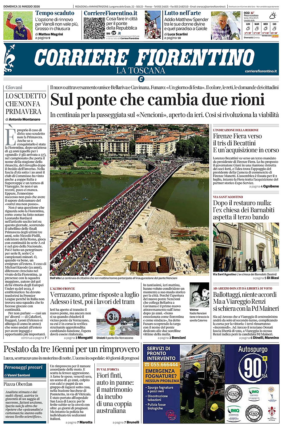 Prima pagina Corriere Fiorentino di oggi - Edicola 31 Maggio 2026