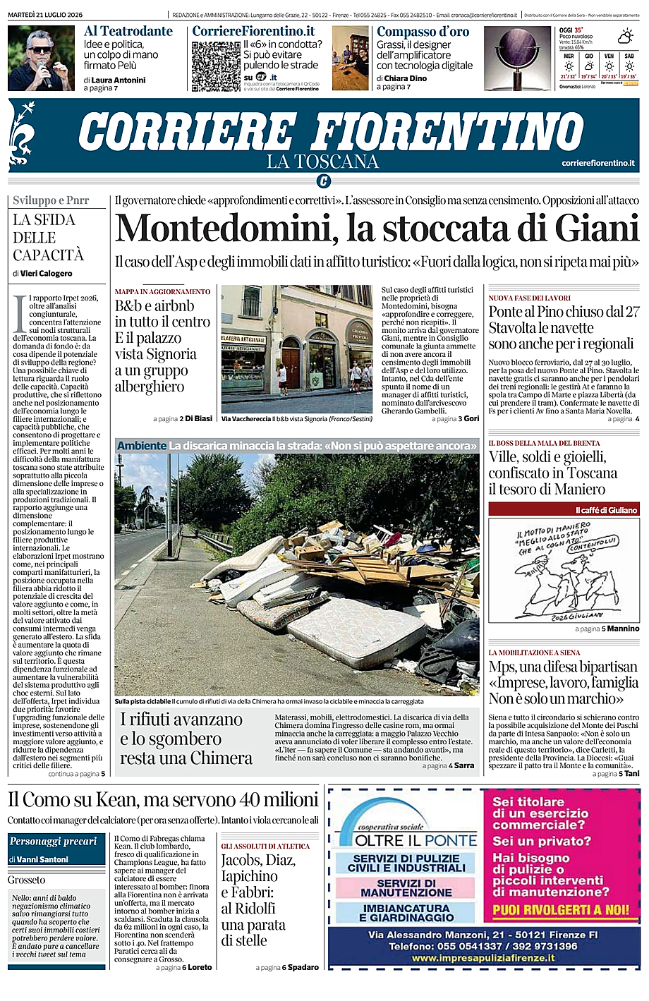 Prima pagina Corriere Fiorentino di oggi - Edicola 21 Luglio 2026