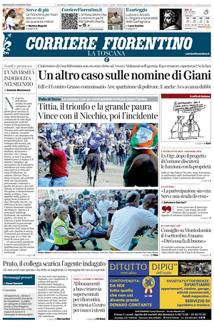 Prima pagina Corriere Fiorentino di oggi - Quotidiano regionale