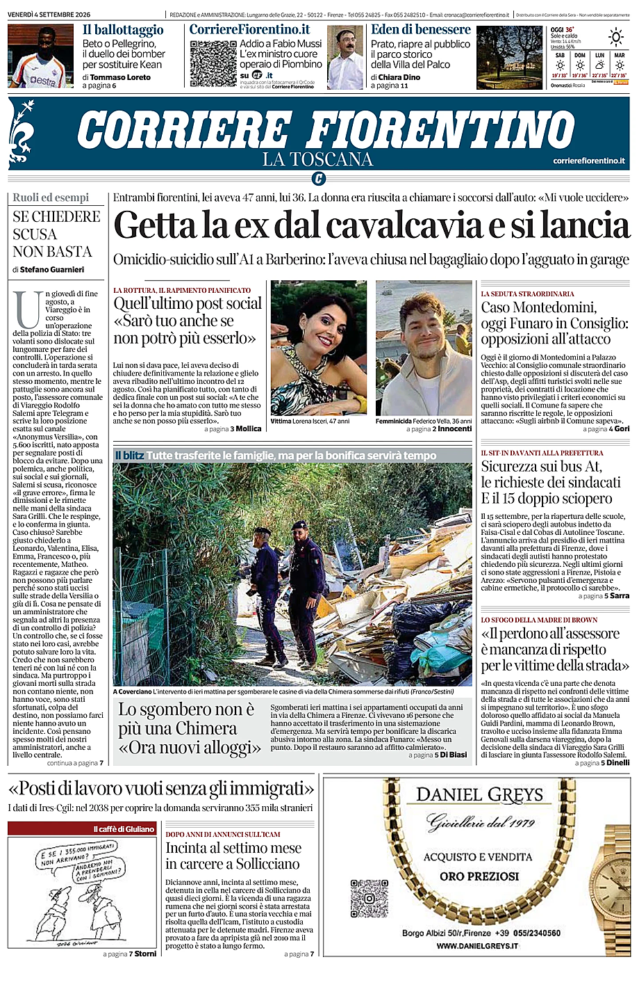 Prima pagina Corriere Fiorentino di oggi - Edicola 4 Settembre 2026