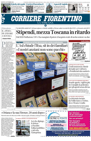 Prima pagina Corriere Fiorentino di oggi - Quotidiano regionale