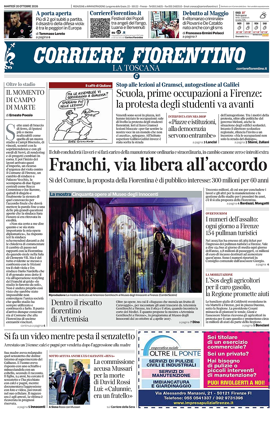 Prima pagina Corriere Fiorentino di oggi - Edicola 20 Ottobre 2026