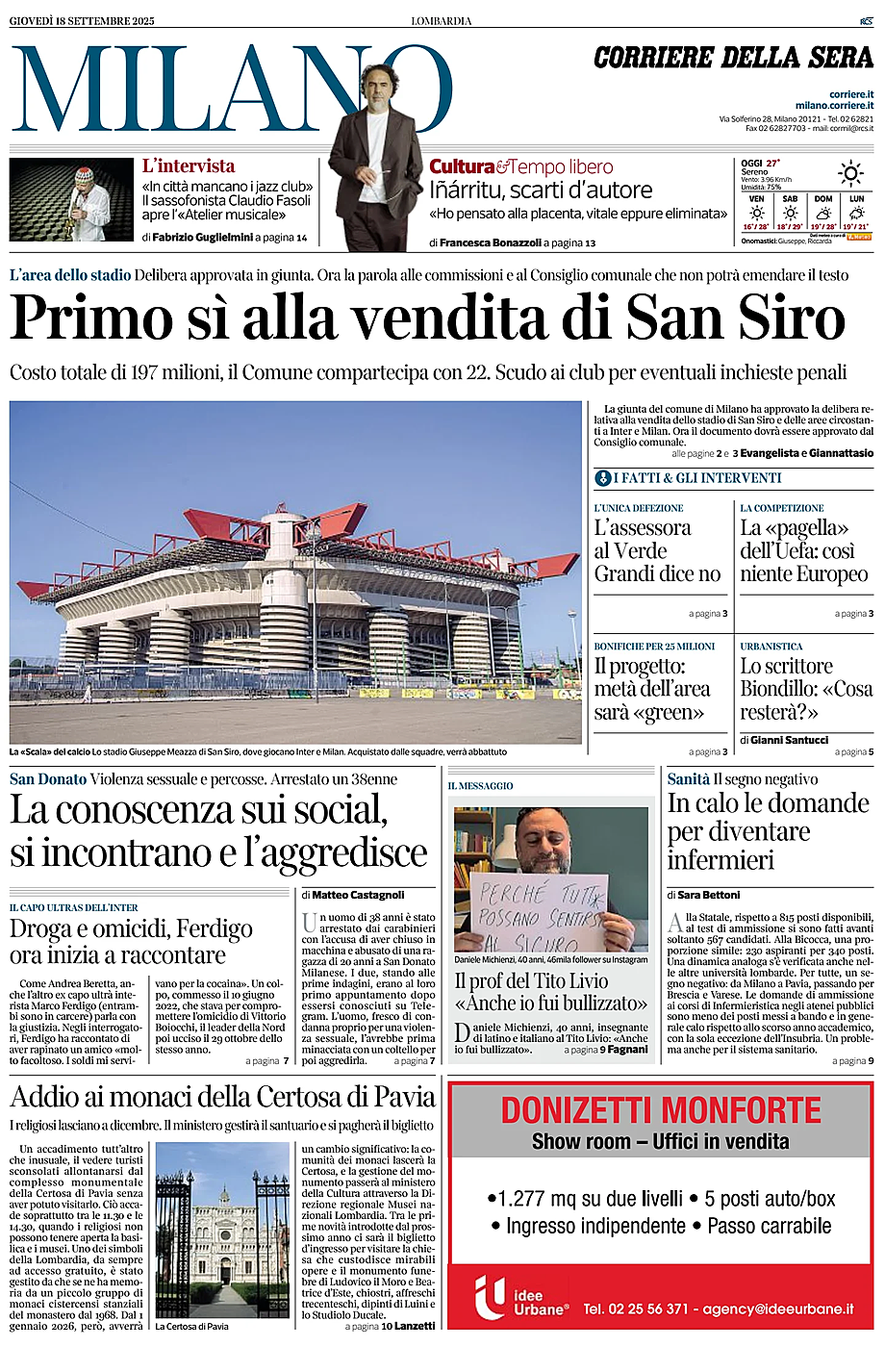 Prima pagina Corriere della Sera (Milano) di oggi - Edicola 18 Settembre 2025