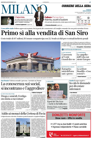 Prima pagina Corriere della Sera (Milano) di oggi - Quotidiano regionale