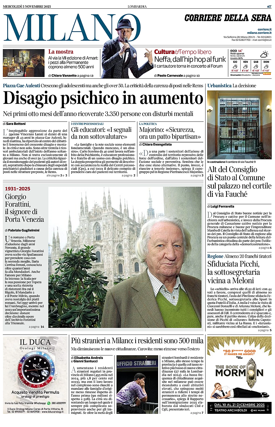 Prima pagina Corriere della Sera (Milano) di oggi - Edicola 5 Novembre 2025