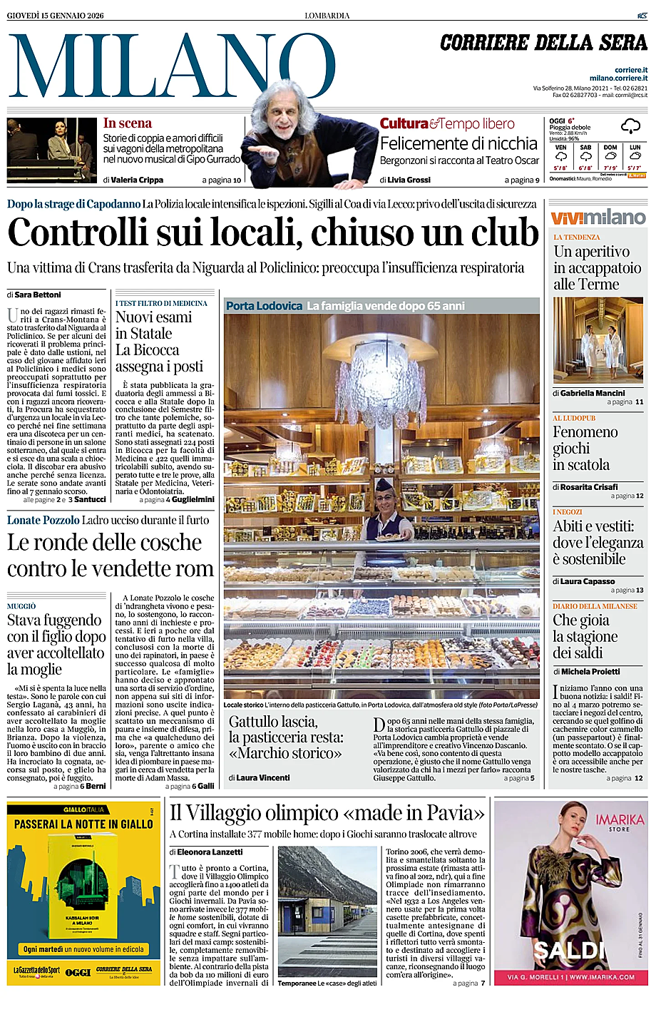 Prima pagina Corriere della Sera (Milano) di oggi - Edicola 15 Gennaio 2026