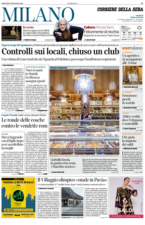 Prima pagina Corriere della Sera (Milano) di oggi - Quotidiano regionale