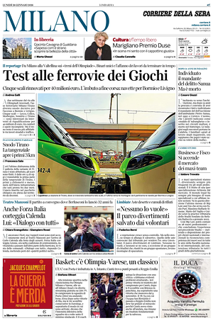 Prima pagina Corriere della Sera (Milano) di oggi - Quotidiano regionale