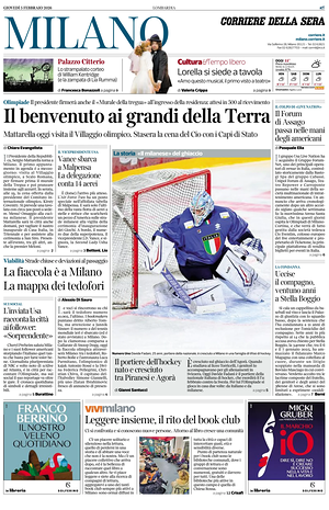 Prima pagina Corriere della Sera (Milano) di oggi - Quotidiano regionale