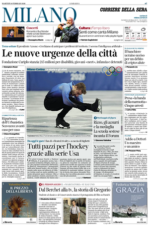 Prima pagina Corriere della Sera (Milano) di oggi - Quotidiano regionale