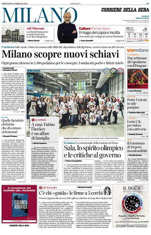 Prima pagina Corriere della Sera (Milano) di oggi - Quotidiano regionale