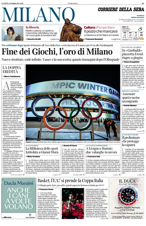Prima pagina Corriere della Sera (Milano) di oggi - Quotidiano regionale