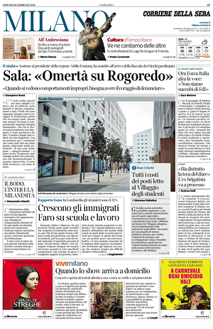 Prima pagina Corriere della Sera (Milano) di oggi - Quotidiano regionale