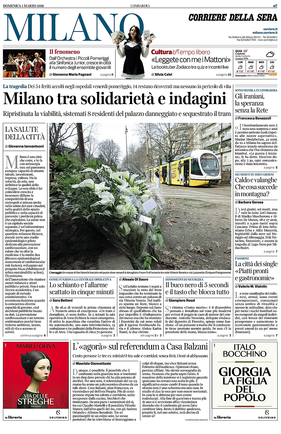 Prima pagina Corriere della Sera (Milano) di oggi - Edicola 1 Marzo 2026