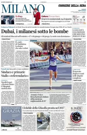 Prima pagina Corriere della Sera (Milano) di oggi - Quotidiano regionale