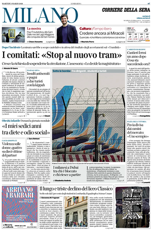 Prima pagina Corriere della Sera (Milano) di oggi - Quotidiano regionale