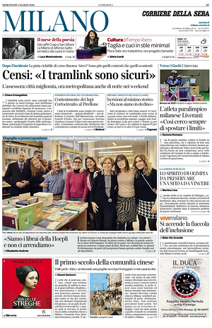 Prima pagina Corriere della Sera (Milano) di oggi - Quotidiano regionale