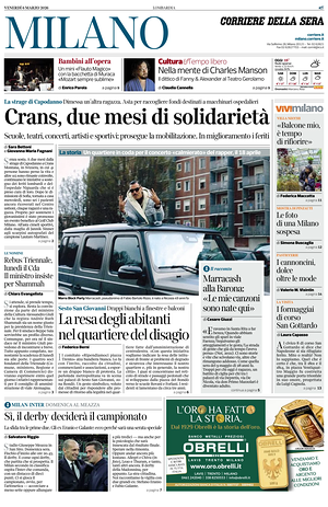 Prima pagina Corriere della Sera (Milano) di oggi - Quotidiano regionale
