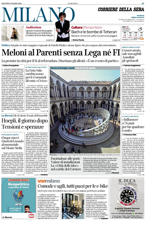 Prima pagina Corriere della Sera (Milano) di oggi - Quotidiano regionale