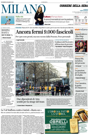Prima pagina Corriere della Sera (Milano) di oggi - Quotidiano regionale