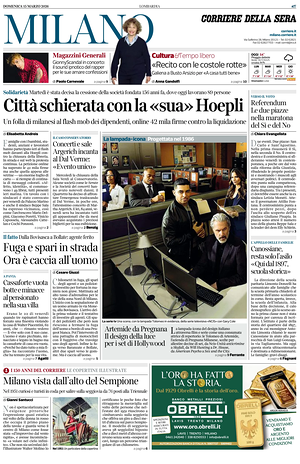 Prima pagina Corriere della Sera (Milano) di oggi - Quotidiano regionale