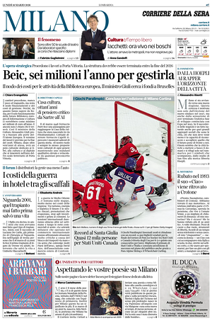 Prima pagina Corriere della Sera (Milano) di oggi - Quotidiano regionale