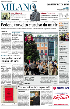 Prima pagina Corriere della Sera (Milano) di oggi - Quotidiano regionale
