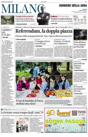 Prima pagina Corriere della Sera (Milano) di oggi - Quotidiano regionale