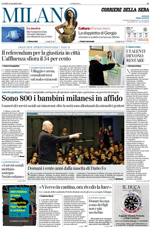 Prima pagina Corriere della Sera (Milano) di oggi - Quotidiano regionale