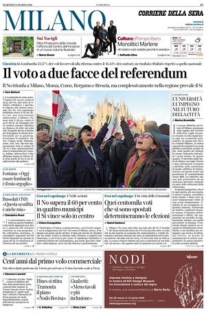 Prima pagina Corriere della Sera (Milano) di oggi - Quotidiano regionale