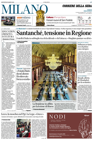 Prima pagina Corriere della Sera (Milano) di oggi - Quotidiano regionale