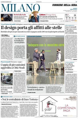 Prima pagina Corriere della Sera (Milano) di oggi - Quotidiano regionale