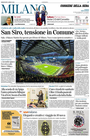 Prima pagina Corriere della Sera (Milano) di oggi - Quotidiano regionale