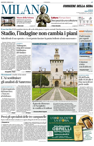 Prima pagina Corriere della Sera (Milano) di oggi - Quotidiano regionale