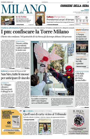 Prima pagina Corriere della Sera (Milano) di oggi - Quotidiano regionale