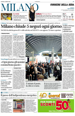Prima pagina Corriere della Sera (Milano) di oggi - Quotidiano regionale