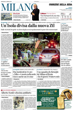 Prima pagina Corriere della Sera (Milano) di oggi - Quotidiano regionale