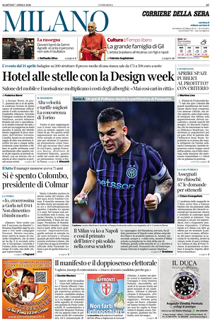 Prima pagina Corriere della Sera (Milano) di oggi - Quotidiano regionale
