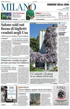 Prima pagina Corriere della Sera (Milano) di oggi - Quotidiano regionale