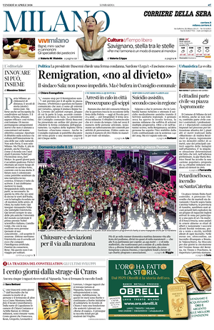 Prima pagina Corriere della Sera (Milano) di oggi - Quotidiano regionale