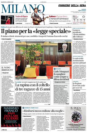 Prima pagina Corriere della Sera (Milano) di oggi - Quotidiano regionale