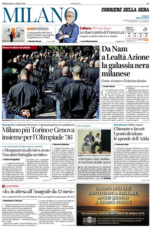 Prima pagina Corriere della Sera (Milano) di oggi - Quotidiano regionale