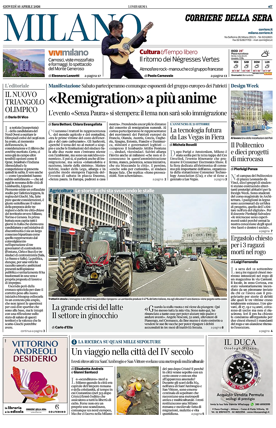 Prima pagina Corriere della Sera (Milano) di oggi - Edicola 16 Aprile 2026
