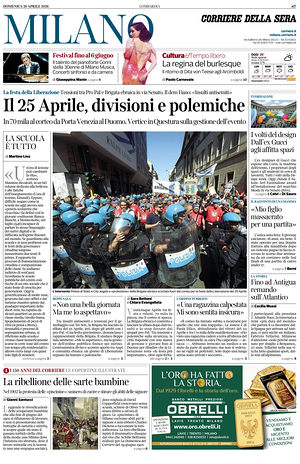 Prima pagina Corriere della Sera (Milano) di oggi - Quotidiano regionale