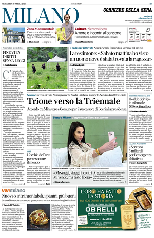 Prima pagina Corriere della Sera (Milano) di oggi - Quotidiano regionale