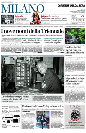 Prima pagina Corriere della Sera (Milano) di oggi - Quotidiano regionale