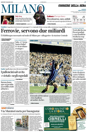 Prima pagina Corriere della Sera (Milano) di oggi - Quotidiano regionale